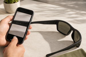 Close-up view of sunglass frame markings used to identify replacement lens fit
