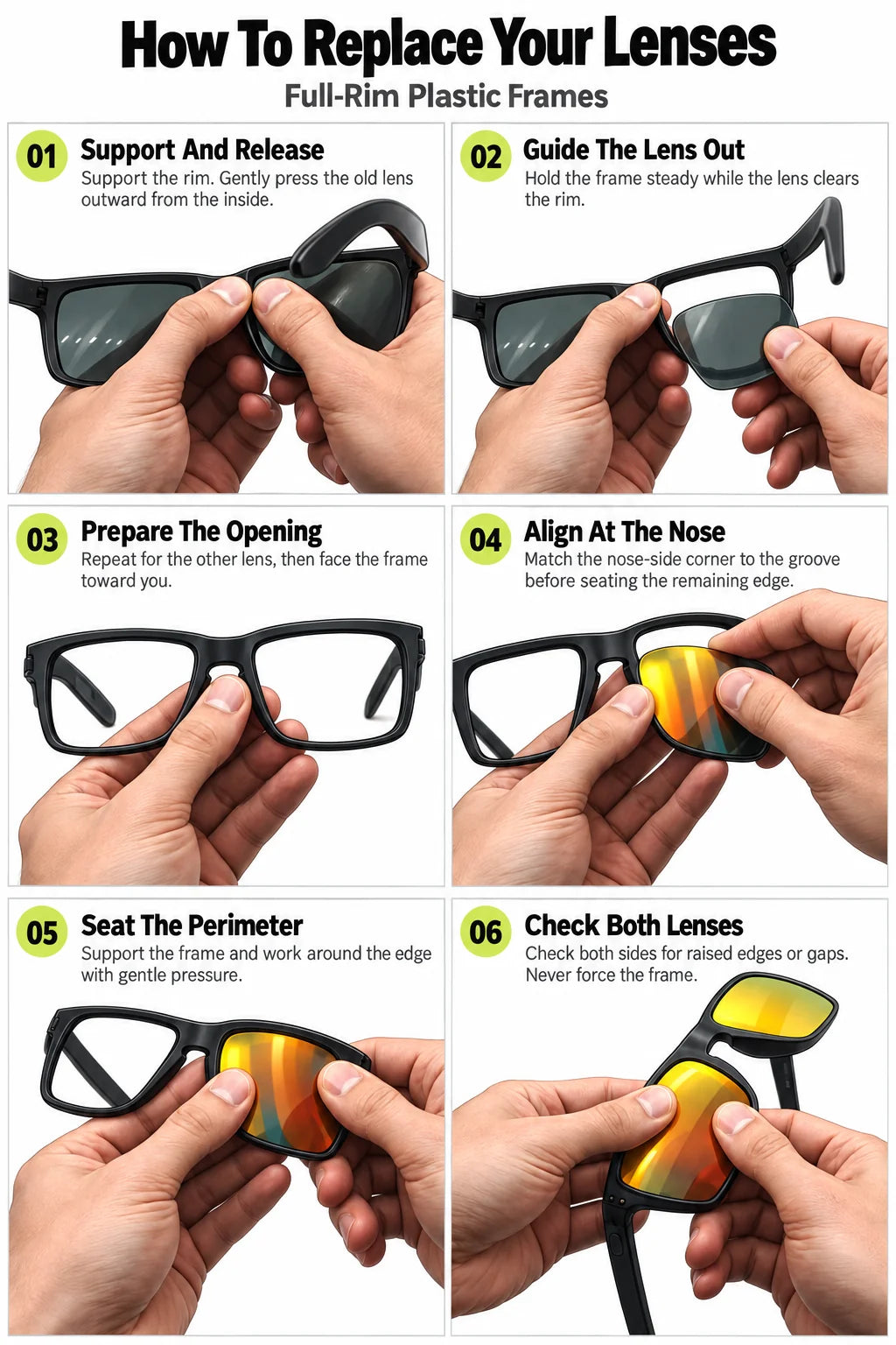 Illustration: support the nasal rim and press the old lens from the inside while the lens is still seated.